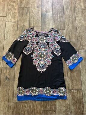 Black Long-Sleeve Shift Dress with Blue Mosaic Accents